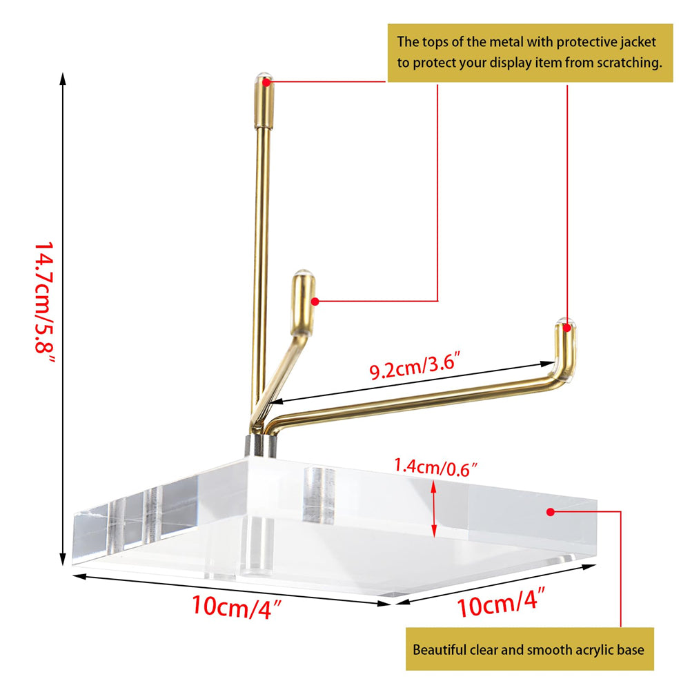 Clear Acrylic Display Stand Holder with Adjustable Metal Arms, Gold Plates Display Stand Easel for Plate Geodes Fossils Minerals Crystals