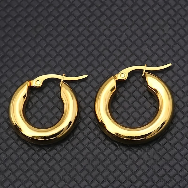Fashionable Stainless Steel Round Thick Loop Earrings, Plated With 18K Golden Glossy Round Earrings, Perfect For Anniversary Birthday Gifts