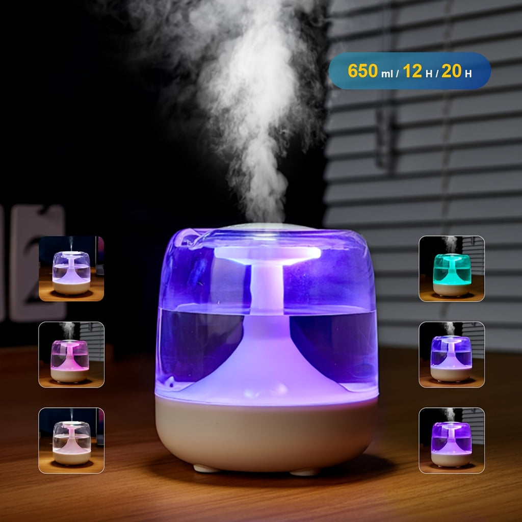 Quiet USB-Powered Home Humidifier with Seven-Color Night Light, Dual Mist Levels, Visible Water Level, 26dB Noise, Long-Lasting 24-Hour Oper