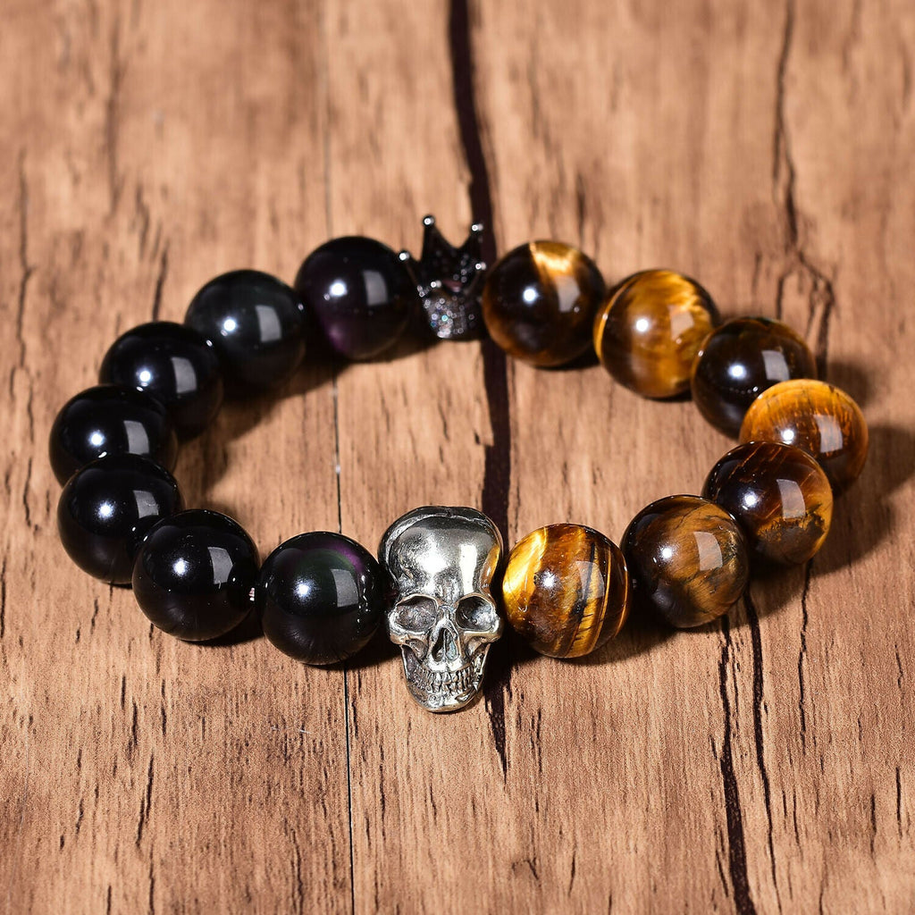 Tigers Eye and Obsidian Mixed Bracelet Reiki Skull Fashion Chakra Crystal Beads