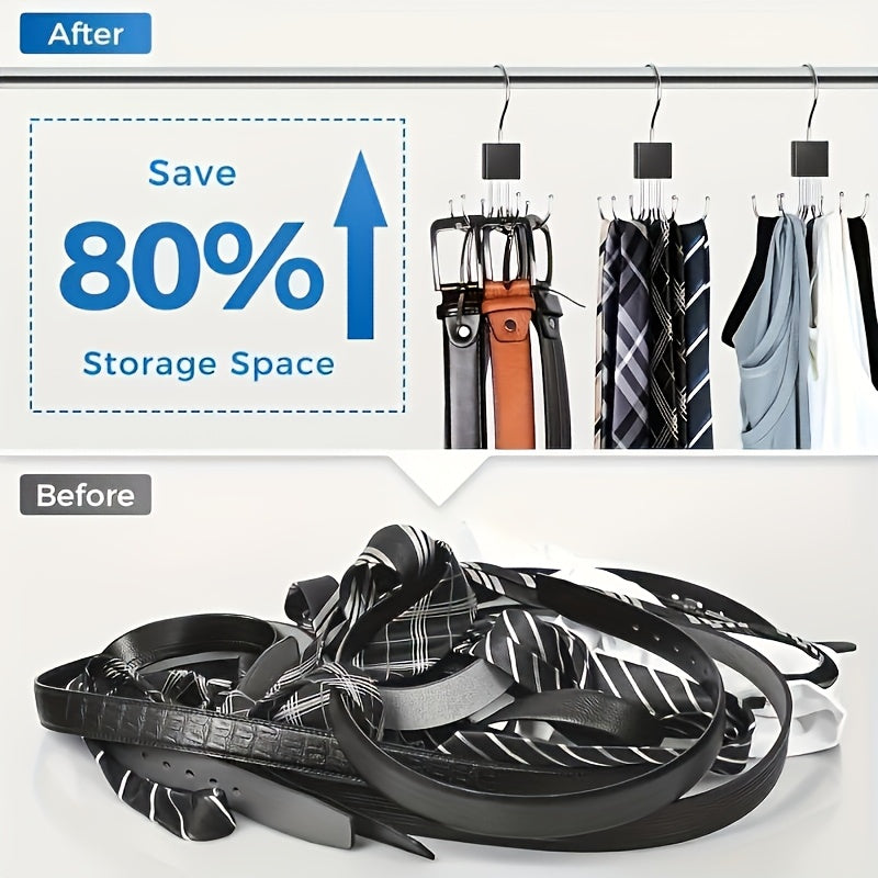 1pc Rotating Wooden Multi-Functional Large Capacity Belt Rack - Unfinished Steel Hooks for Belts, Bras, Tank Tops, Ties, Scarves - Fashionab