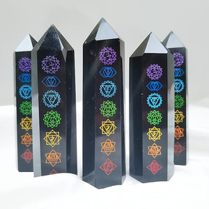 Black Obsidian Seven Main Chakras Symbolic Crystal Tower Healing Crystal The Seven Chakras Wand For Spiritual Use Hexagonal Point Reiki Chakra Gemsone Home Office Decoration