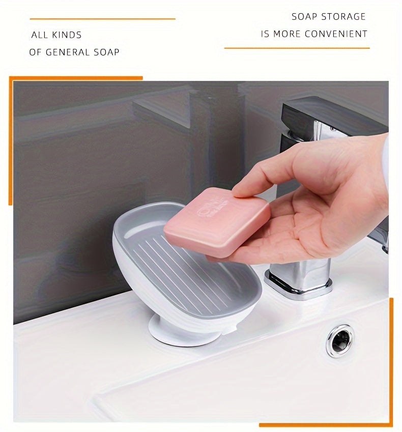 Wall-Mounted Soap Dish with Adjustable Angle - Punch-Free, Suction Cup Installation, Oval Plastic Holder with Drainage for Bathroom