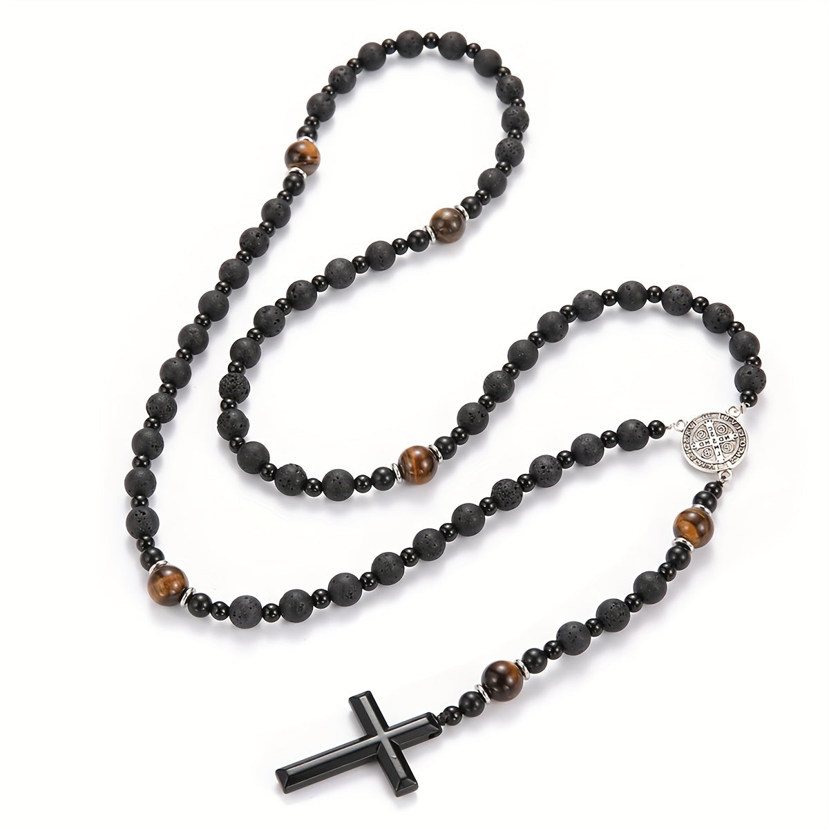 1pc Natural Volcanic Rock Black Agate Yellow Tiger Eye Tag Cross Pendant Rosary Necklace Jewelry For Men And Women