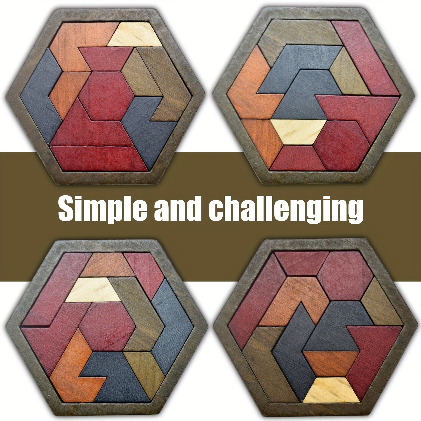 Hexagon Tangram Puzzle, Wooden Puzzle Toys, Challenging Puzzles Wooden Brain Teasers Puzzle For Adults Puzzles Games, Family Portable Puzzle