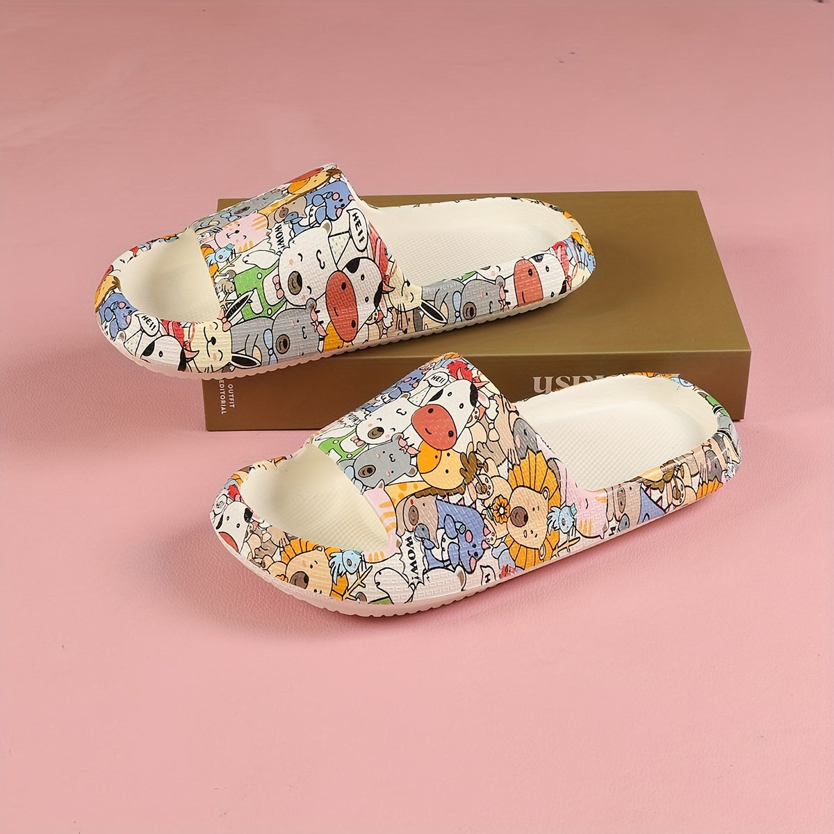 Fashionable Women's Cartoon Graffiti Slides - Summer Thick Sole EVA Slippers, Open Toe, Machine Washable, Trendy One-Strap Design