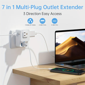 1pc 7-in-1 Multifunctional Power Strip, Compact Flush Mount Outlet Extender with 3 AC Outlets, 2 USB-A & 2 USB-C Ports, Non-Waterproof, 110V-130V US Plug for Smartphones, Tablets, Computers - Travel & Home Office Essentials