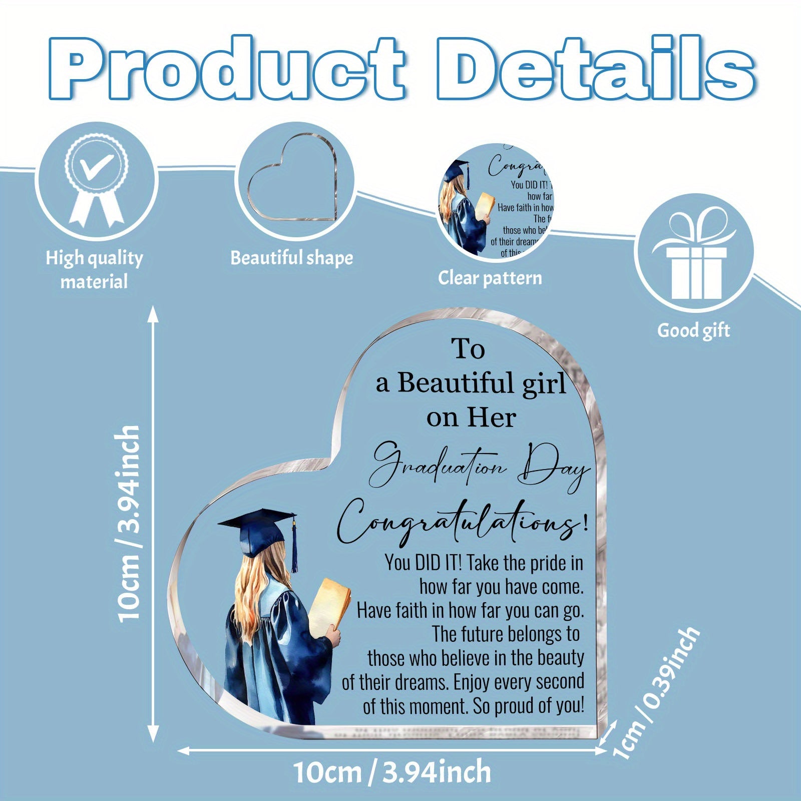 2D Flat 1pc Graduation Gift - Acrylic Heart Gift - Graduation Decor, Good Wishes, Acrylic Plaque Gift for High School, College, Graduation Party Gifts