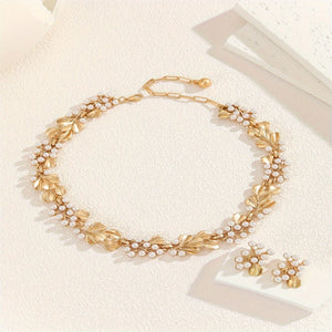 [Perfect Daily Wear Jewelry Set] [Everyday Elegance] Elegant Boho-Chic Faux Pearl & Golden Leaf Jewelry Set - Vintage-Inspired Necklace and