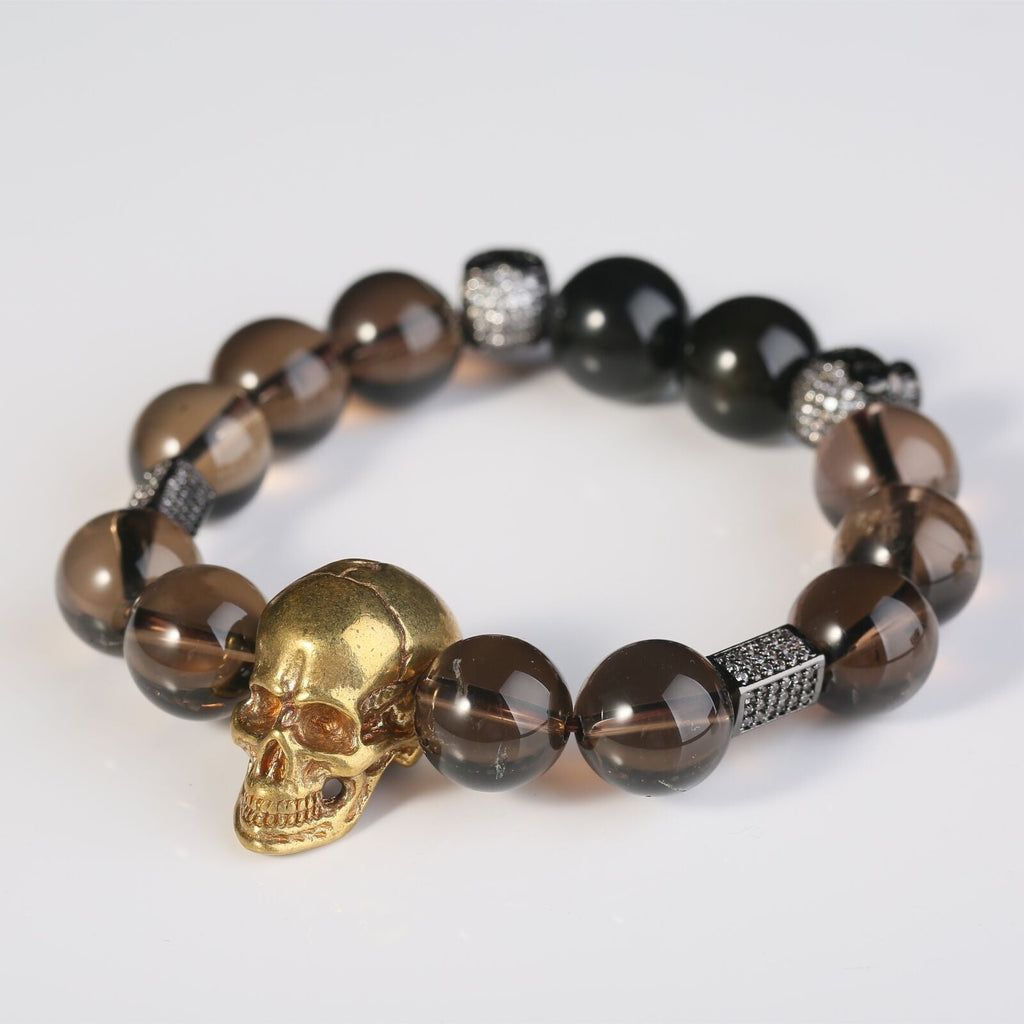 Brass Skulls Bracelets Smoky Quartz Citrine Gothic Men Fashion Crystal Beads