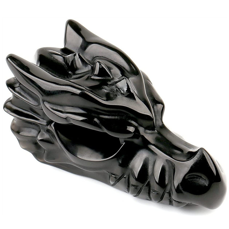 Obsidian Crystal Dragon Skull Hand Carved  Art Statue Gemstone Animal Craving Healing Human Reiki