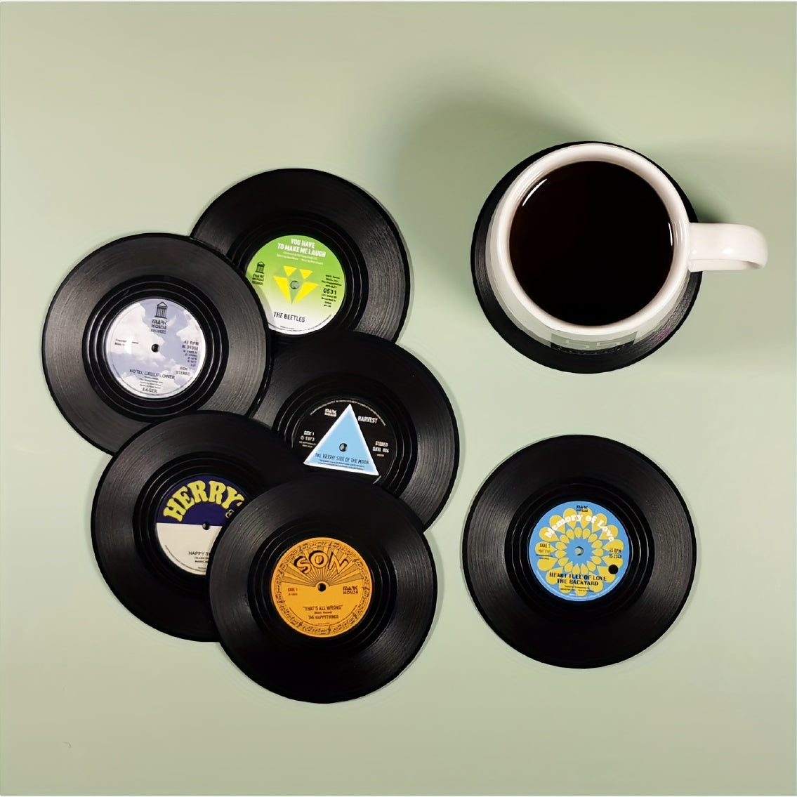 6pcs, Non-Slip Vinyl Record Coasters with Holder - Heat Insulated Cup Mat for Home and Room Decor - Drinkware Accessories