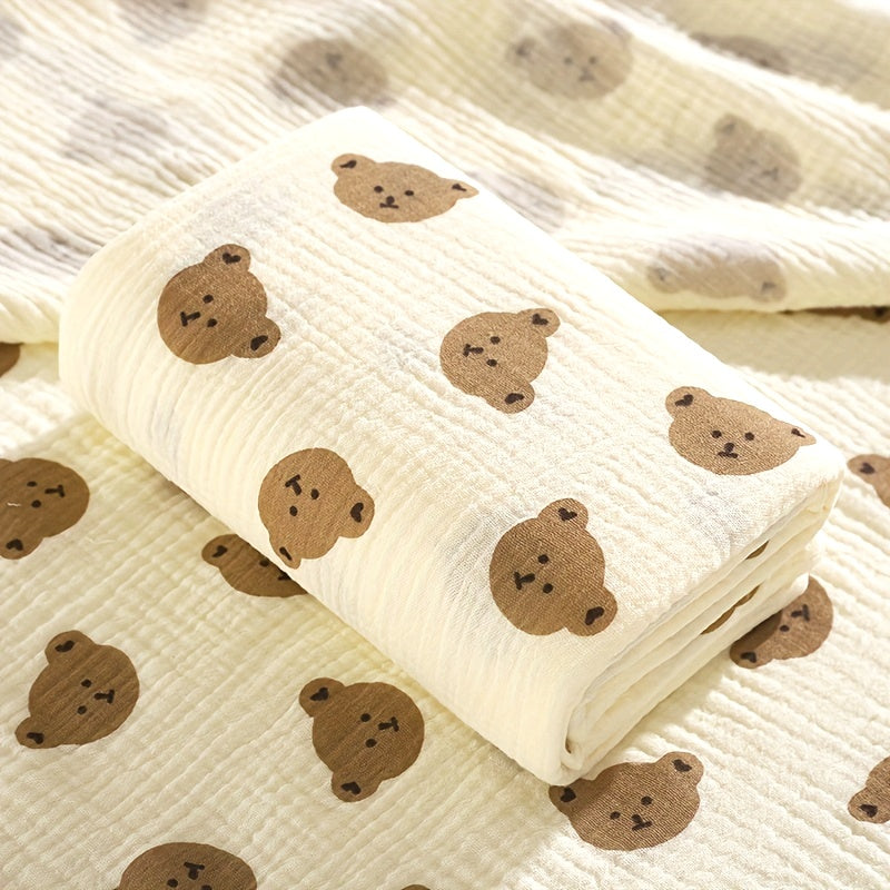 Soft Foldable Swaddle Blanket for Newborns - White with Green Elephant & Umbrella Print, Light Beige-Friendly Cotton, Perfect for Bath Time & Cuddling, Baby Blanket, Newborn Care, Playful Print, Wrinkly Texture