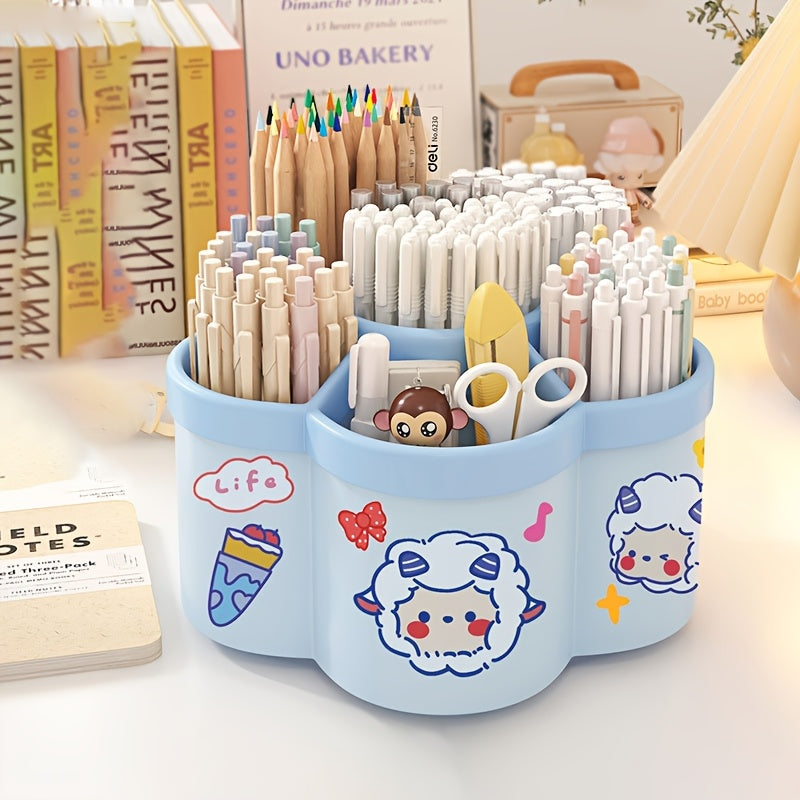 360-Degree Rotating Desk Organizer Set (1-Pack/2-Pack) - Cute Multi-Functional Stationery Holder with Large Capacity - PVC Round Pen & Art S