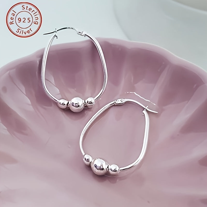S925 Sterling Silver 3 Beaded Ring Earrings, 18mm Pendant Beaded Ring Earrings, Hypoallergenic Earrings, Silvery Earrings, Suitable For Wome