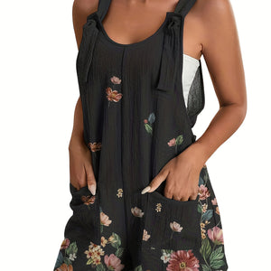 Floral Print Sleeveless Romper with Front Pocket - Casual Everyday Women's Outfit