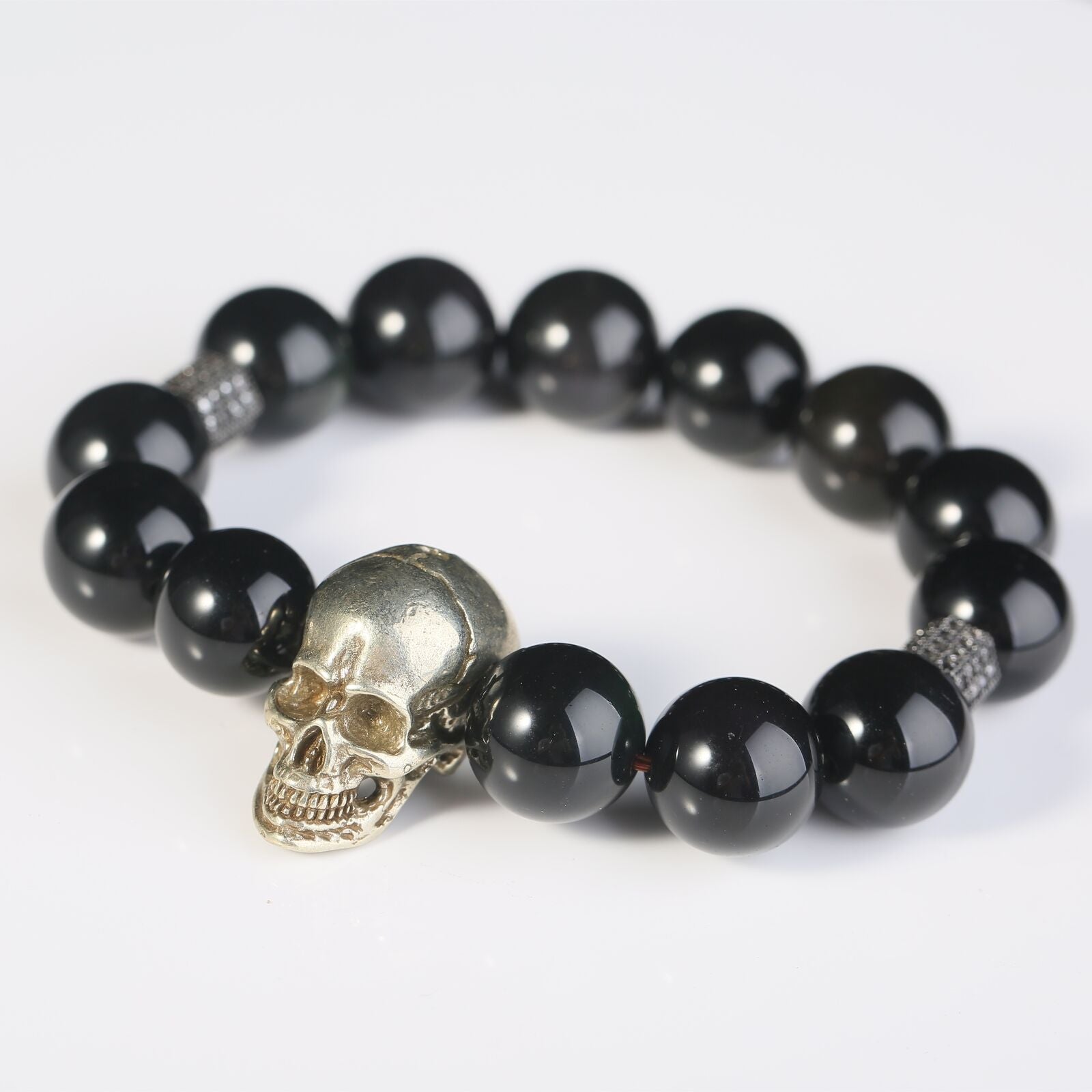 14.5mm Obsidian Gothic Skull Bracelets Men Fashion Crystal Beads Punk Jewelry