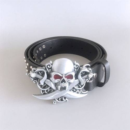 Gothic Skull Belt Buckle With Black Studded Genuine Leather Belt US Local Shipping