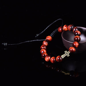 Natural Red Tigers Eye Quartz Healing Crystal Cross Fashion Bracelet Adjustable