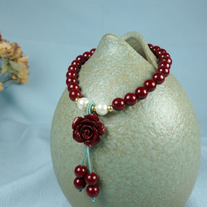 1pc Cinnabar Beads Bracelet, Good Luck Attracts Wealth Best Gift, Rose Pendant Elegant Charm Bracelet For Men Women