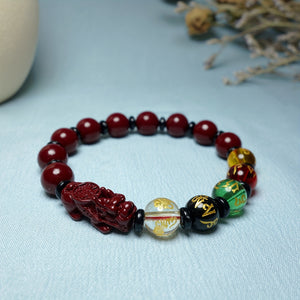 Natural Cinnabar Purple  Sand Pixiu Five Blessing Beads Good Luck Bracelet Stretch Bracelet