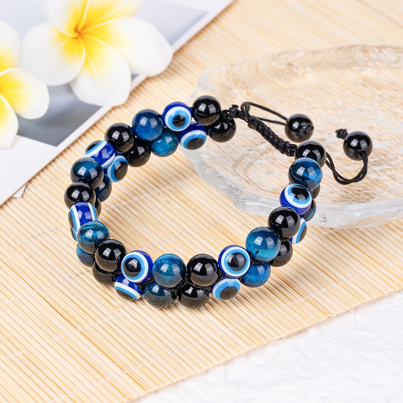 Triple Protection Bracelet 8MM Blue Tiger Eye Evil Eye Black Onyx Stone Bracelet Healing Crystal Natural Stone Beads Bracelet For Men Bring