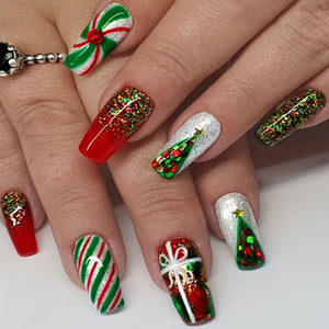 24pcs Glossy Medium Ballerina Fake Nails, Red Green Press On Nails With Glitter Stripe Christmas Tree Design, Shiny Sequin False Nails For W