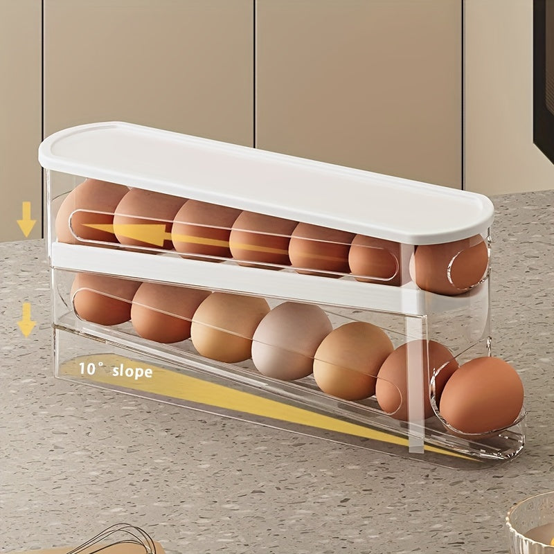 Double-Layer Rolling Egg Storage Box | Space-Saving Refrigerator Organizer for Fridge Side Door | Durable Polypropylene | Transparent, Stack