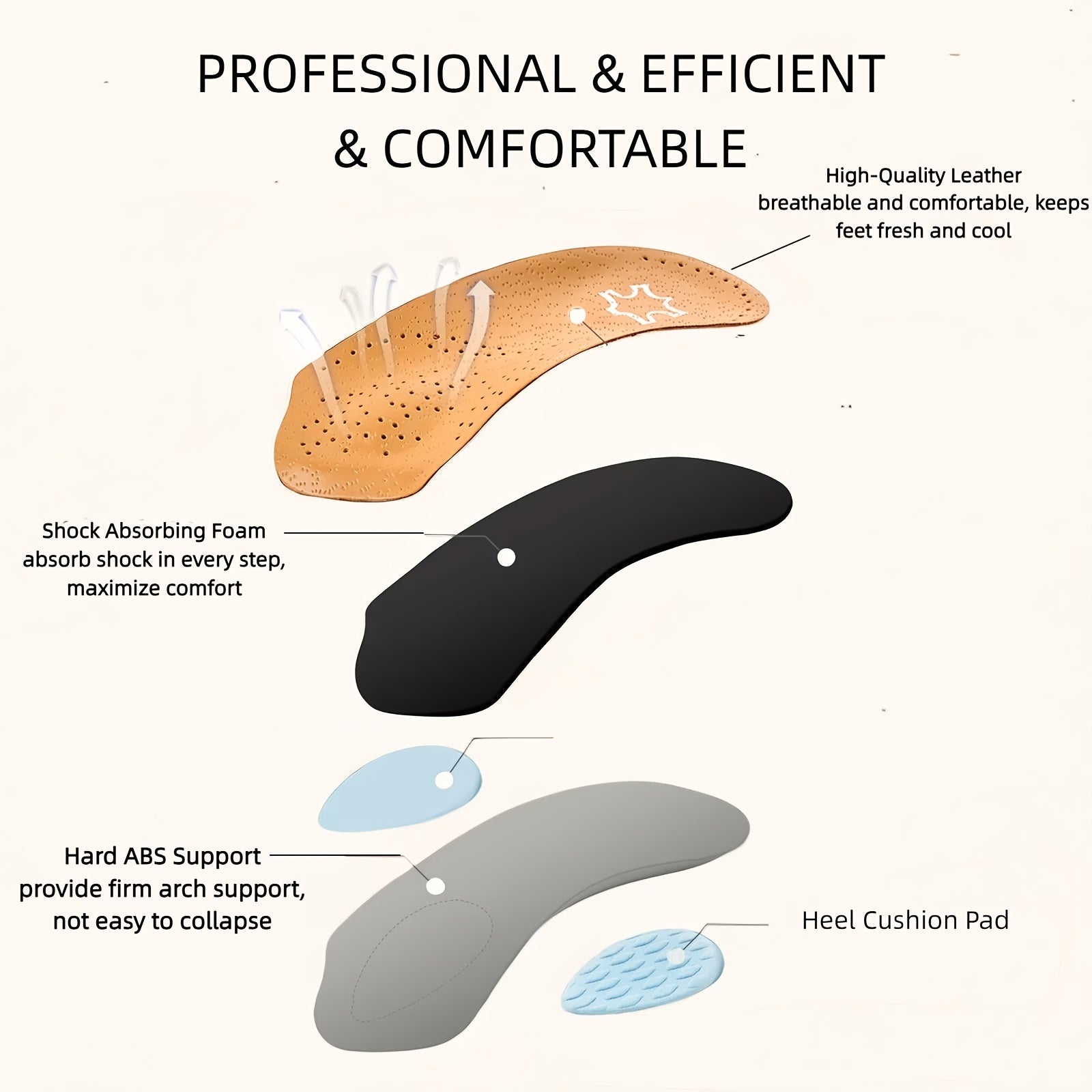 Arch Support Half-Size Cowhide Insole for Flat Feet - Comfortable Arch and Heel Cushioning, Black with Blue Accents, Ideal for Home