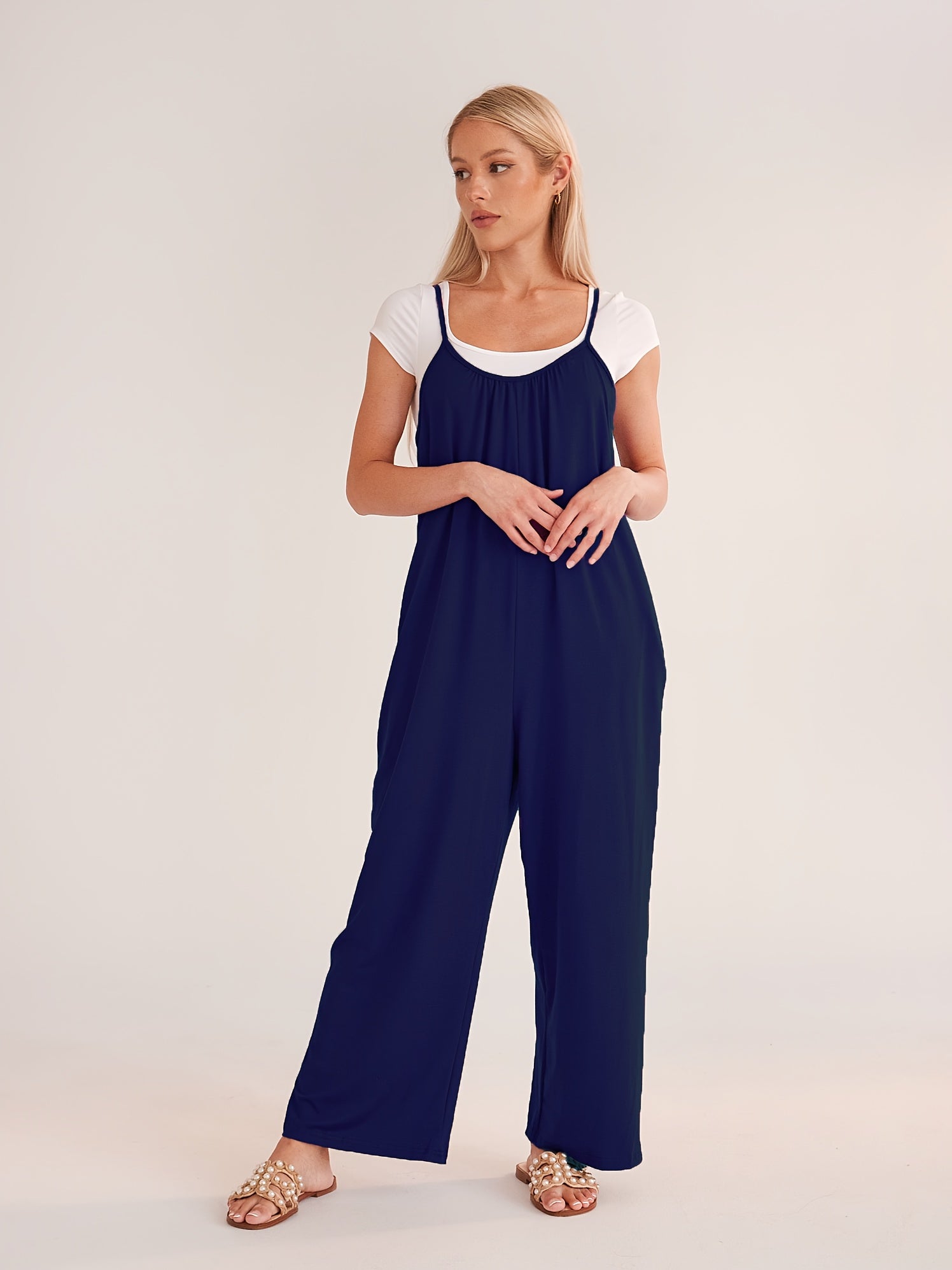 Women'S Solid Color Slip Pocket Loose Suspender Jumpsuit