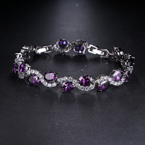 Elegant Luxury Purple Oval Link Copper Zircon Silver Plated Bracelet Hand Accessories Birthday Anniversary Gift