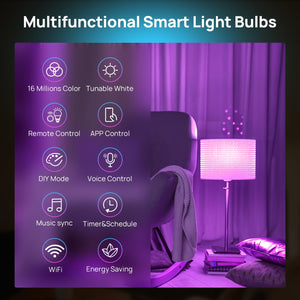 4pcs Smart Light Bulbs with Remote Control, Compatible with Alexa And Google Home LED Light Bulb A19 E26 2.4Ghz WiFi Bulb 60 Watts Equivalent 800lm Dimmable, Music Synchronization for Christmas Party, Room Decor, LED Lights