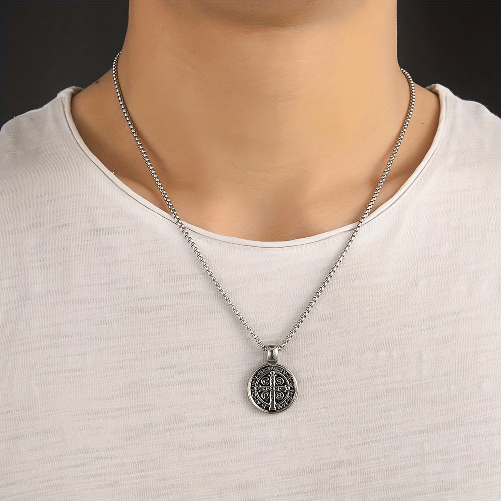 Men's St Benedict Exorcism Medal Stainless Steel Pendant Necklace