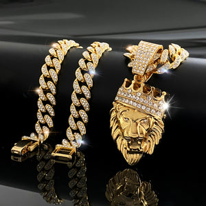 Men'S Crown Lion Head Zinc Alloy Pendant Necklace, Hip Hop Men'S Rhinestone Cuban Chain, Suitable for Daily, Banquet Wear, The Perfect Gift