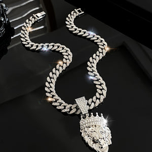 Men'S Crown Lion Head Zinc Alloy Pendant Necklace, Hip Hop Men'S Rhinestone Cuban Chain, Suitable for Daily, Banquet Wear, The Perfect Gift