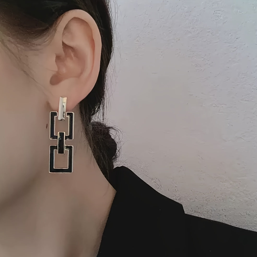 Hollow Rectangle Shape Black Enamel Dangle Earrings Japanese / Korean Style Alloy Jewelry Daily Wear Accessories