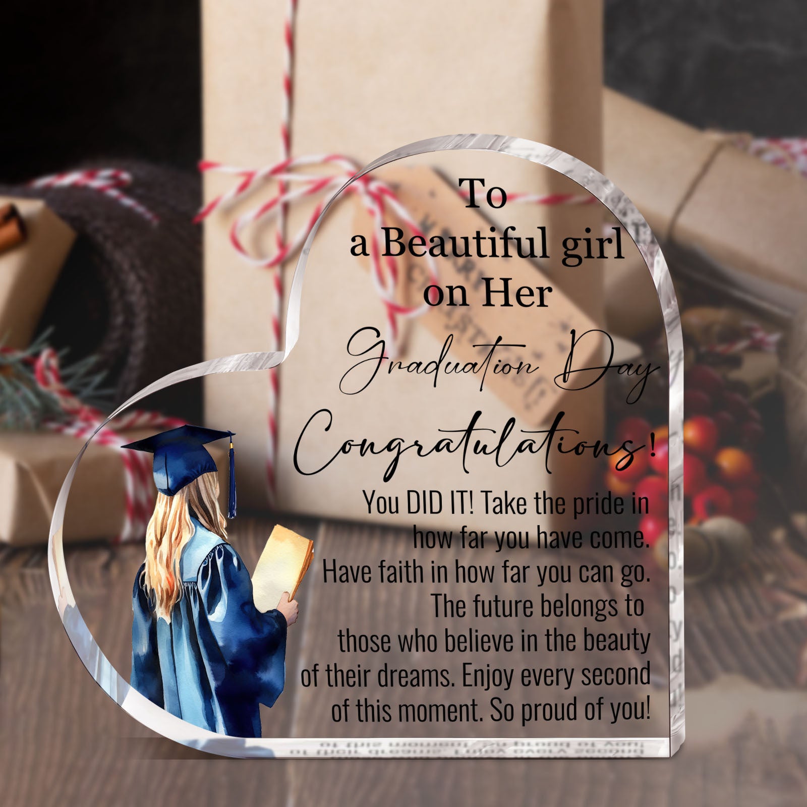 2D Flat 1pc Graduation Gift - Acrylic Heart Gift - Graduation Decor, Good Wishes, Acrylic Plaque Gift for High School, College, Graduation Party Gifts