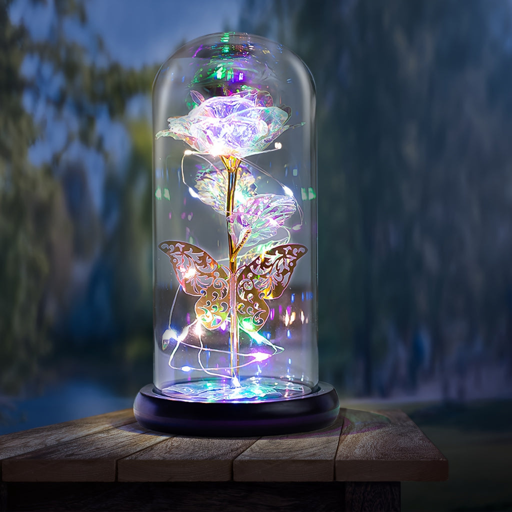 Romantic LED Rose Butterfly Lamp in Glass Dome - Perfect Home Decor and Gift for Weddings, Birthdays, Valentine's Day, and Mother's Day (Bat