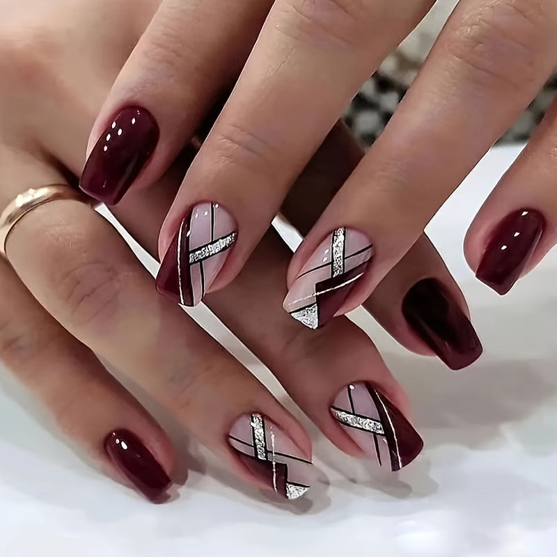 24pcs Glossy Medium Square Fake Nails, Burgundy Color Press On Nails With Geometry Line And Silvery Glitter Design, Sparkling Full Cover Fal