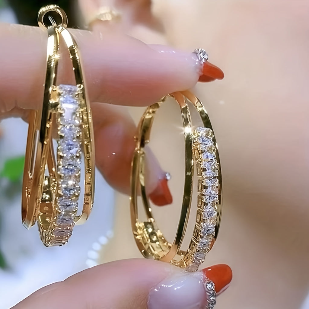 3-layer Shiny Rhinestone Decor Hoop Earrings Retro Elegant Style Zinc Alloy Jewelry Delicate Female Gift