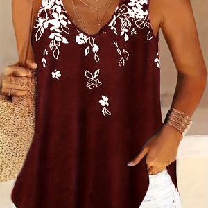 Versatile Plus Size Floral V-Neck Tank Top - Comfortable Stretch Knit, Perfect for All Seasons