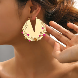 Golden Flower Leaf Hoop Earrings Chunky Personality Ear Accessories For Women