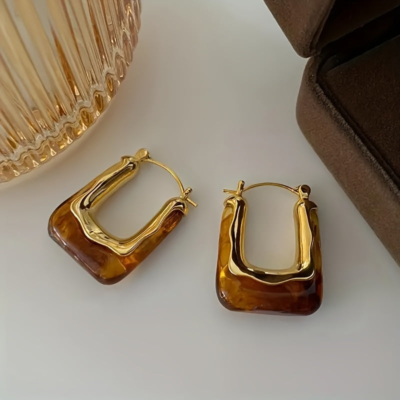 Elegant Vintage-Inspired U-Shaped Hoop Earrings with Amber Resin Accents - Chic Alloy Dangle Earrings for Women, Perfect for Casual Attire &
