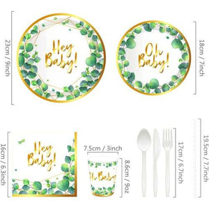 Sage Green Baby Shower Party Plates Hey Baby Gold Eucalyptus Oh Baby 68PCS Set US Local Shipping