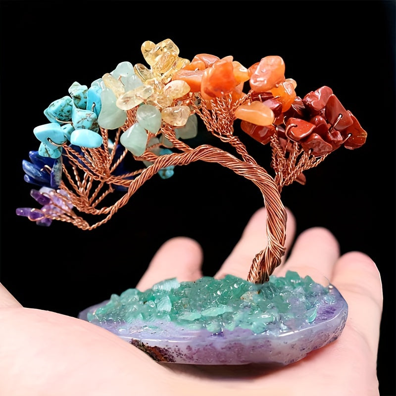 1pc Natural Reiki Crystal 7 Chakra Good Luck Money Tree Crystal Tree With Agate Base - Meditation Spiritual Decor For Good Luck Wealth & Pro