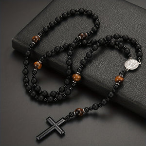 1pc Natural Volcanic Rock Black Agate Yellow Tiger Eye Tag Cross Pendant Rosary Necklace Jewelry For Men And Women