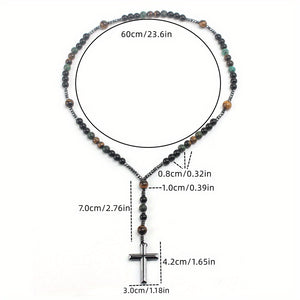 1pc Retro Natural Stone Turquoise Tiger Eye Black Hematite Cross Pendant, Men's Original Stone Prayer Beads Rosary Necklace