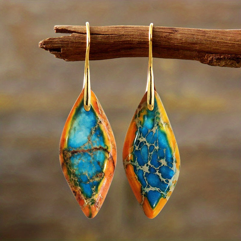 Bohemian Natural Imperial Stone Leaf Dangle Earrings For Women Jewelry Gift