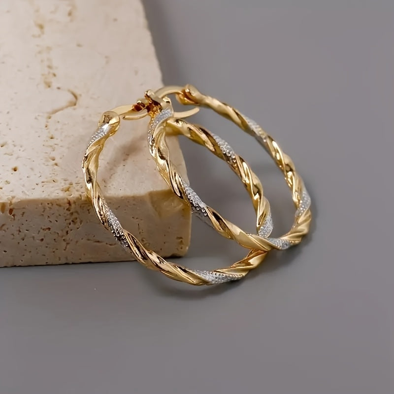 Elegant 14K Gold-Plated Twisted Hoop Earrings - Zinc Alloy, Perfect for Casual Attire & Gifts