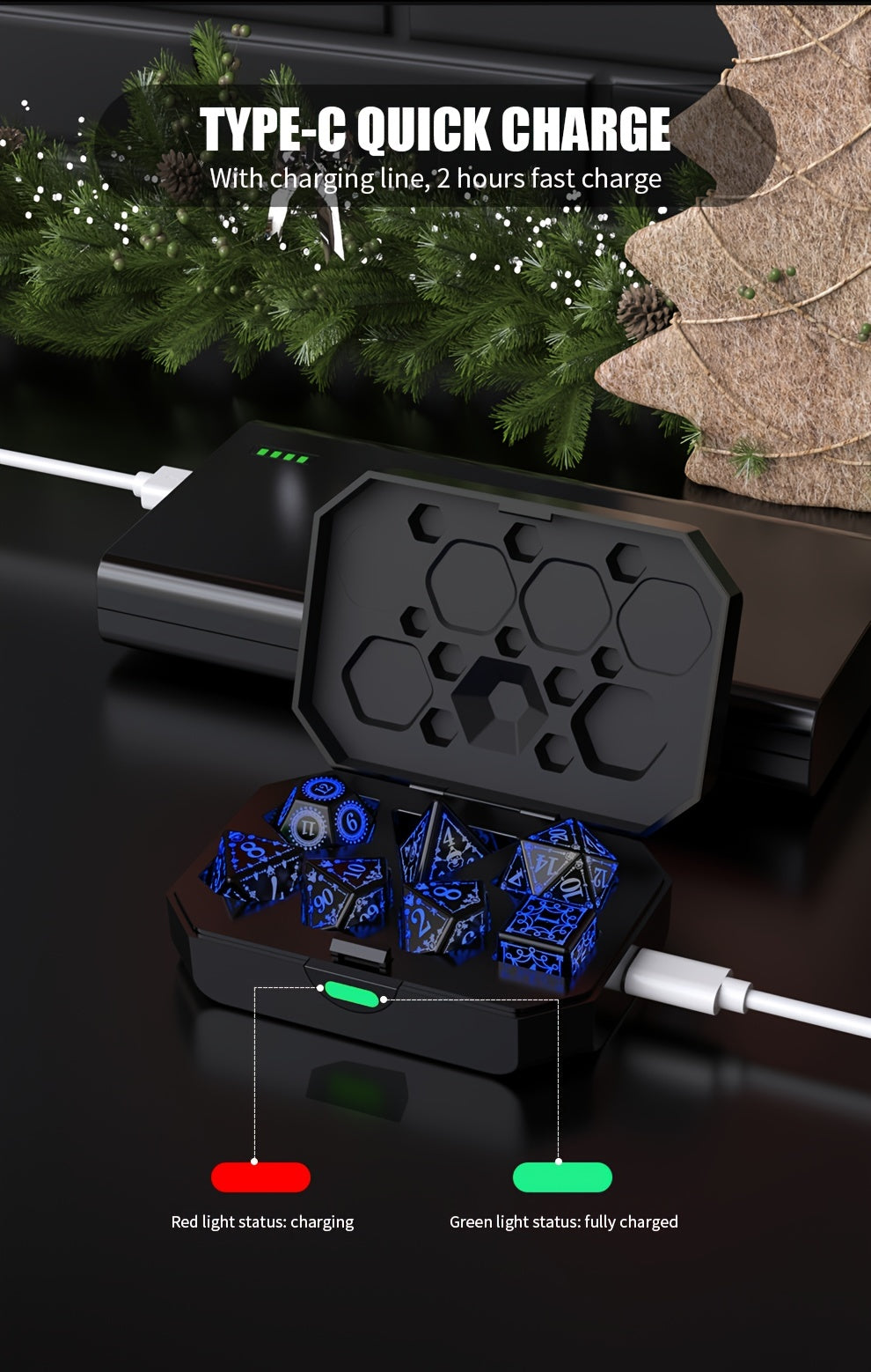 7pcs, Rechargeable LED Dice Set, Blue Breathing Light Dice For Board Game Accessories